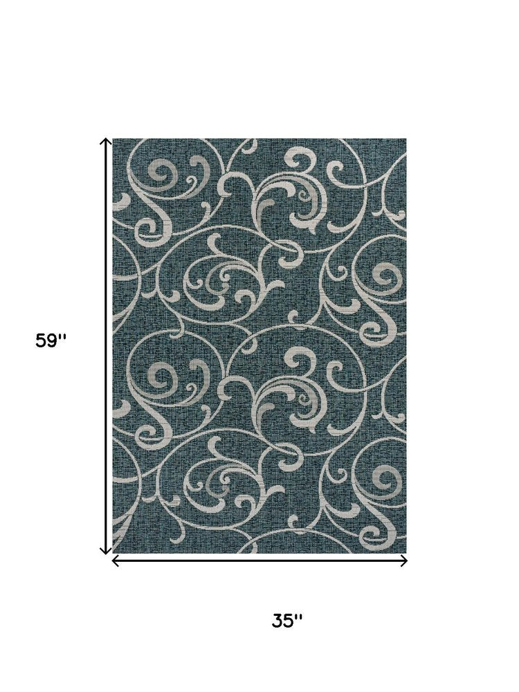 3' X 5' Turquoise And Cream Floral Indoor Outdoor Area Rug — view 4