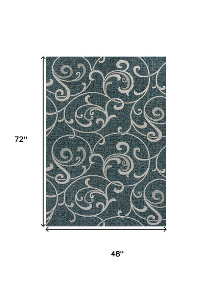 4' X 6' Turquoise And Cream Floral Indoor Outdoor Area Rug HomeRoots