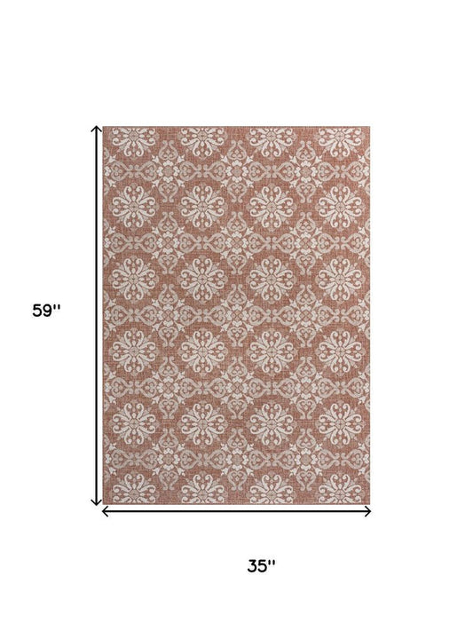 3' X 5' Salmon And Cream Floral Indoor Outdoor Area Rug