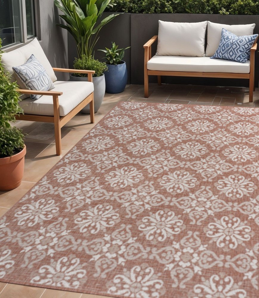 5' X 8' Salmon And Cream Floral Indoor Outdoor Area Rug — view 4