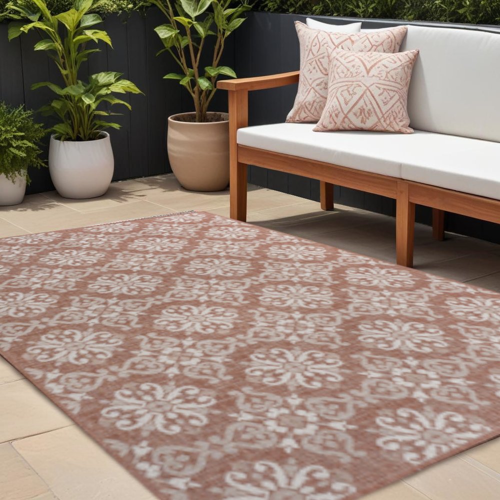 8' X 10' Salmon And Cream Floral Indoor Outdoor Area Rug HomeRoots