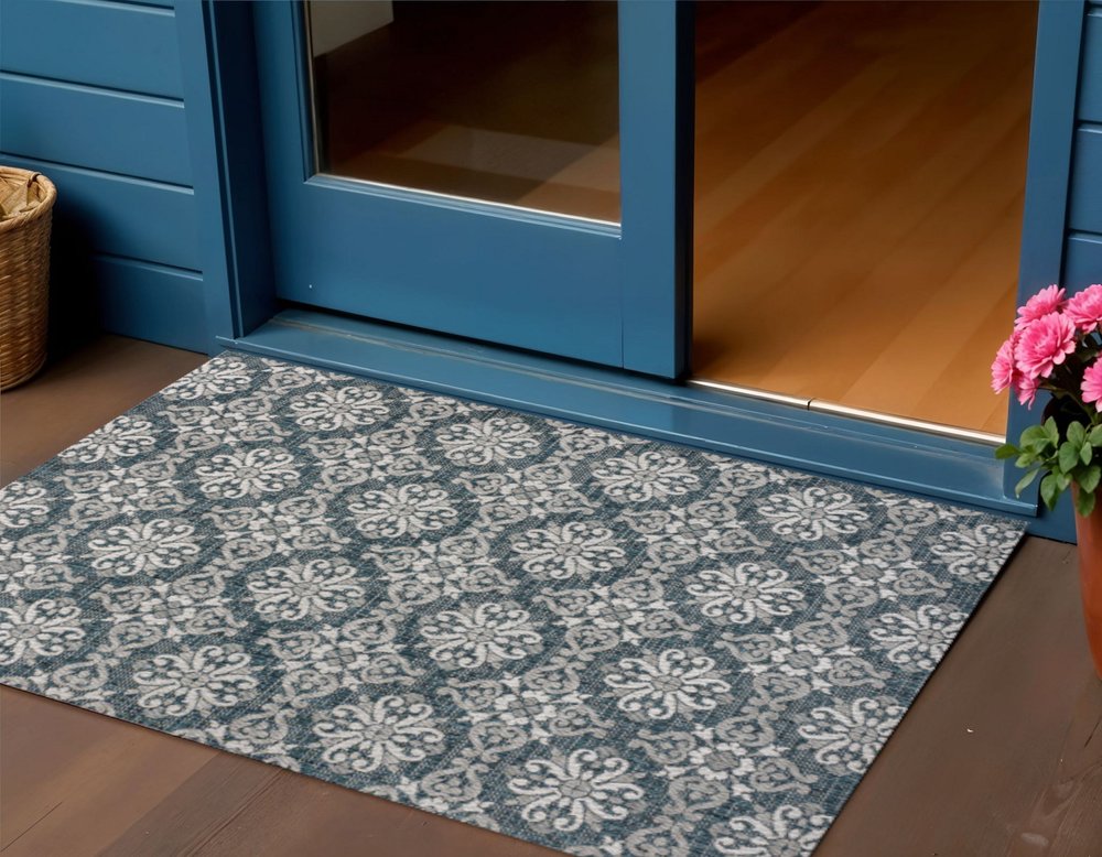 3' X 5' Turquoise And Cream Floral Indoor Outdoor Area Rug HomeRoots