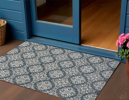 3' X 5' Turquoise And Cream Floral Indoor Outdoor Area Rug HomeRoots