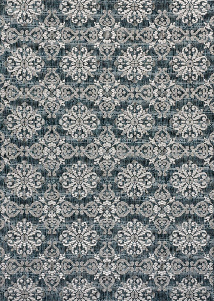 3' X 5' Turquoise And Cream Floral Indoor Outdoor Area Rug — view 1