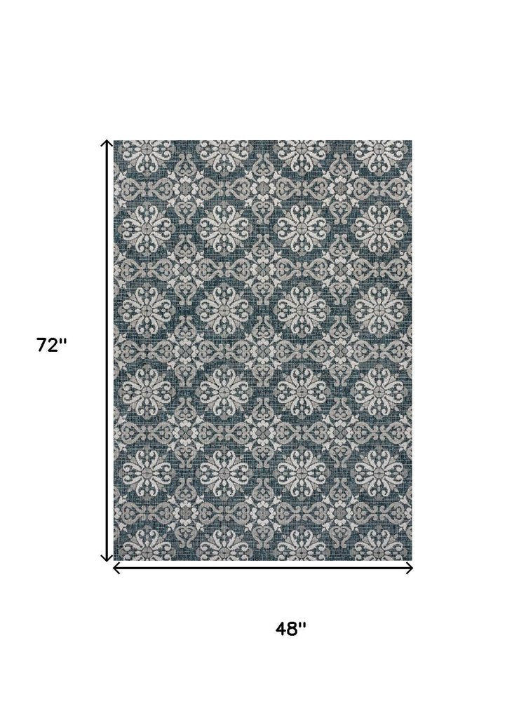 4' X 6' Turquoise And Cream Floral Indoor Outdoor Area Rug HomeRoots