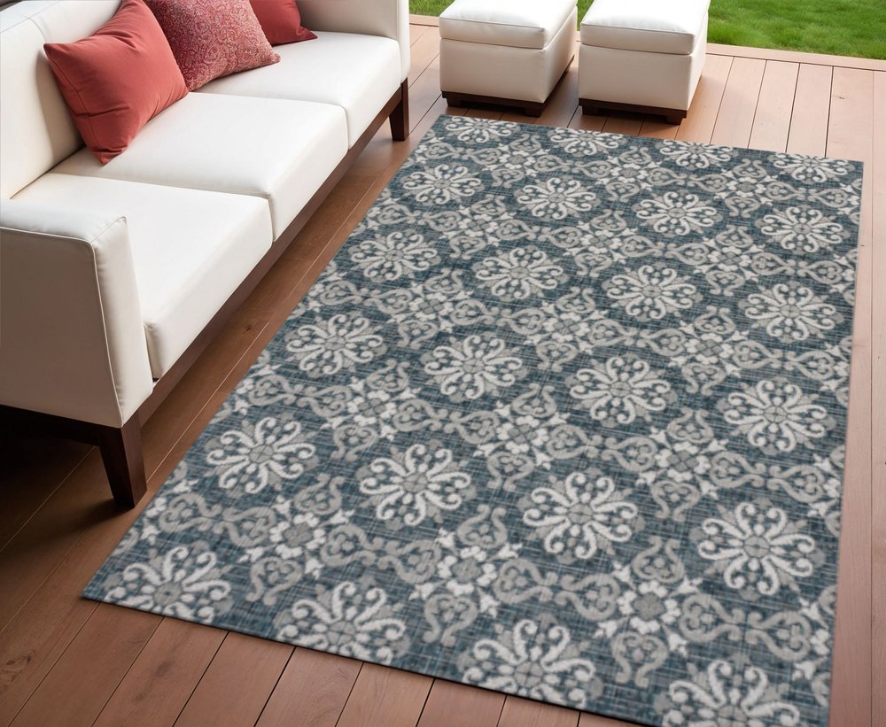 4' X 6' Turquoise And Cream Floral Indoor Outdoor Area Rug HomeRoots