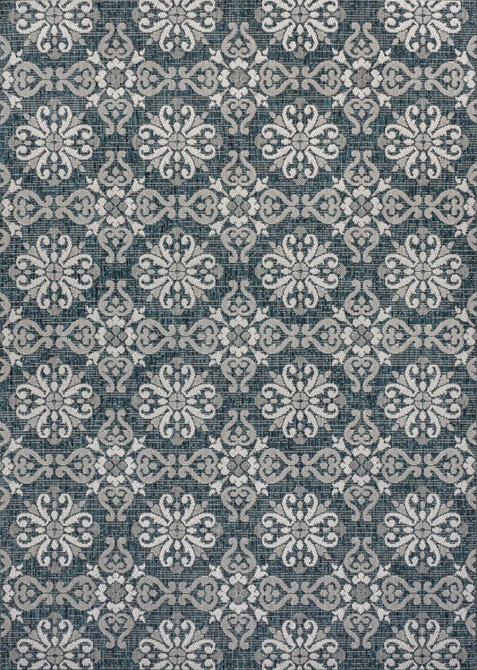 4' X 6' Turquoise And Cream Floral Indoor Outdoor Area Rug