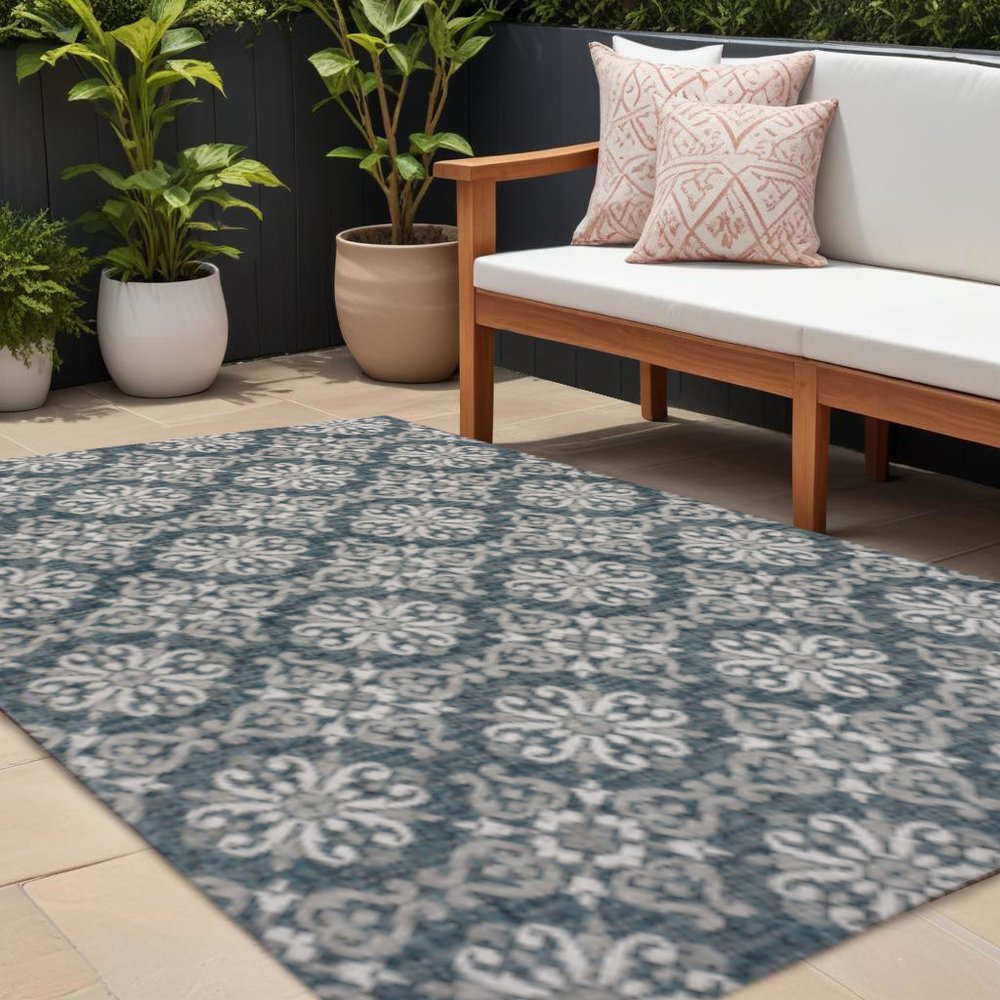 8' X 10' Turquoise And Cream Floral Indoor Outdoor Area Rug HomeRoots