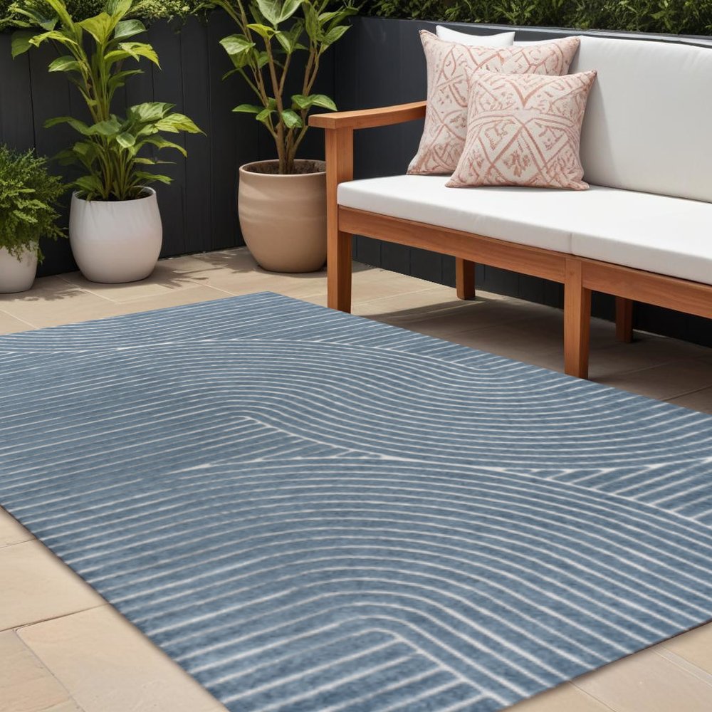 8' X 10' Dark Blue And Cream Striped Indoor Outdoor Area Rug — view 6