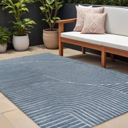 8' X 10' Dark Blue And Cream Striped Indoor Outdoor Area Rug HomeRoots