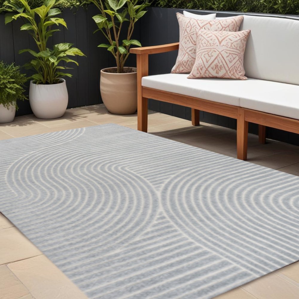 8' X 10' Light Blue And Cream Striped Indoor Outdoor Area Rug — view 6