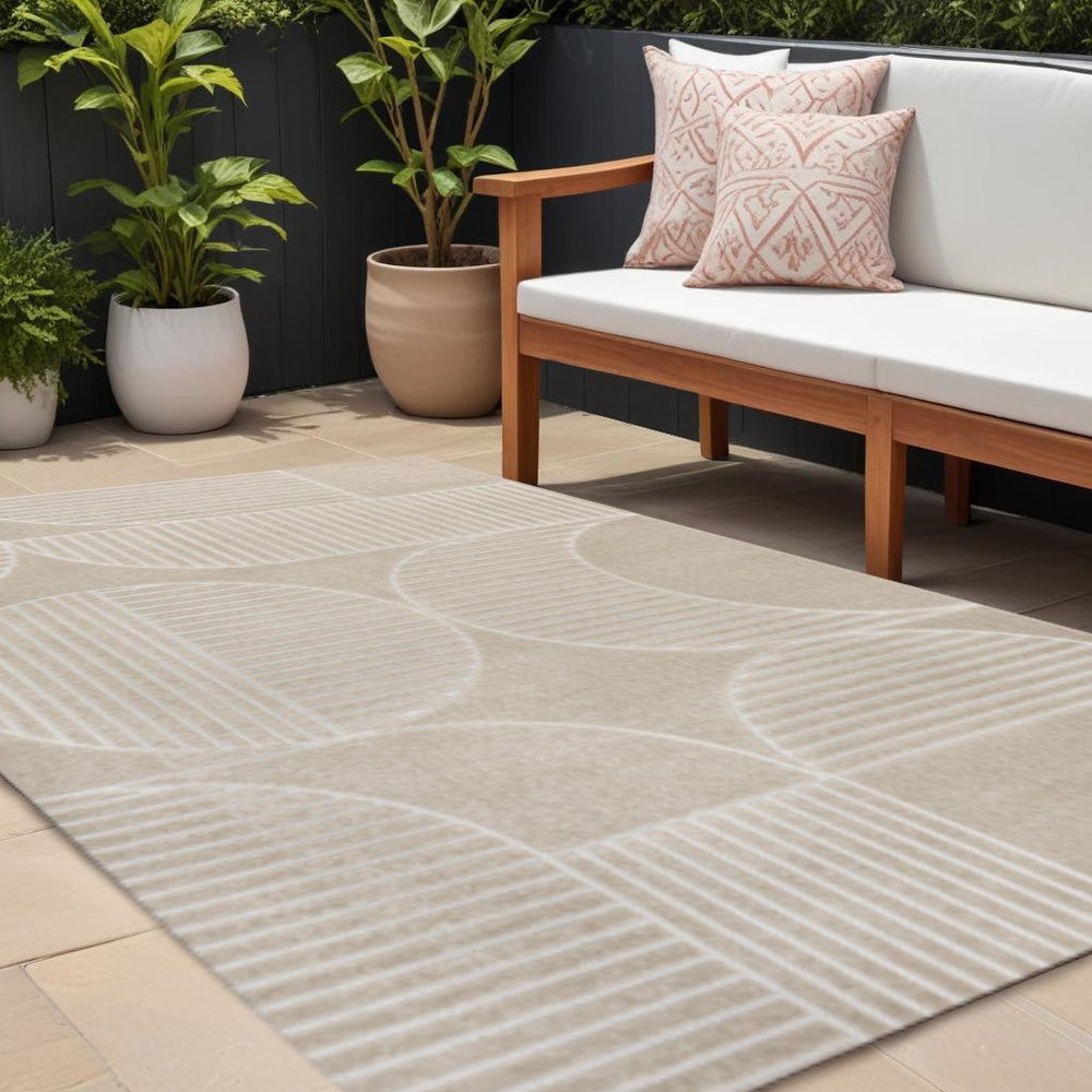 8' X 10' Beige And Cream Striped Indoor Outdoor Area Rug — view 6