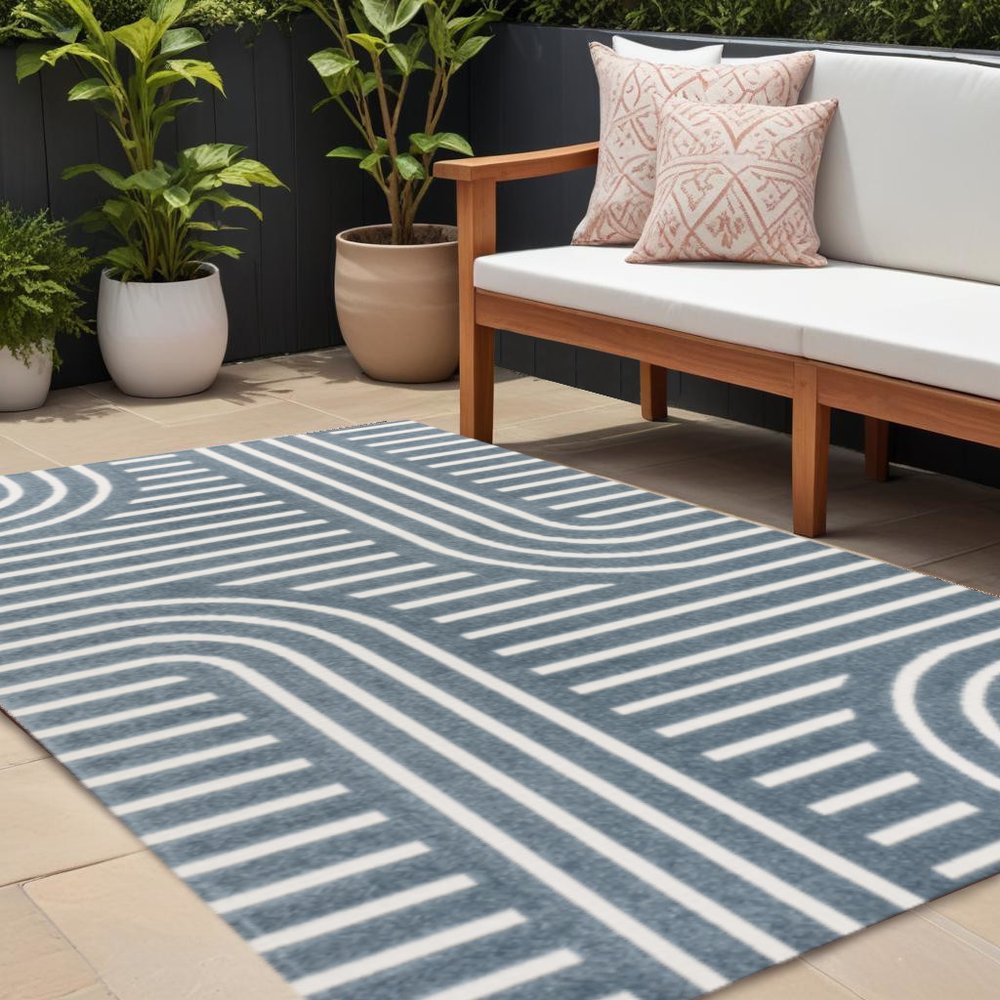 8' X 10' Navy Blue And Cream Striped Indoor Outdoor Area Rug — view 5