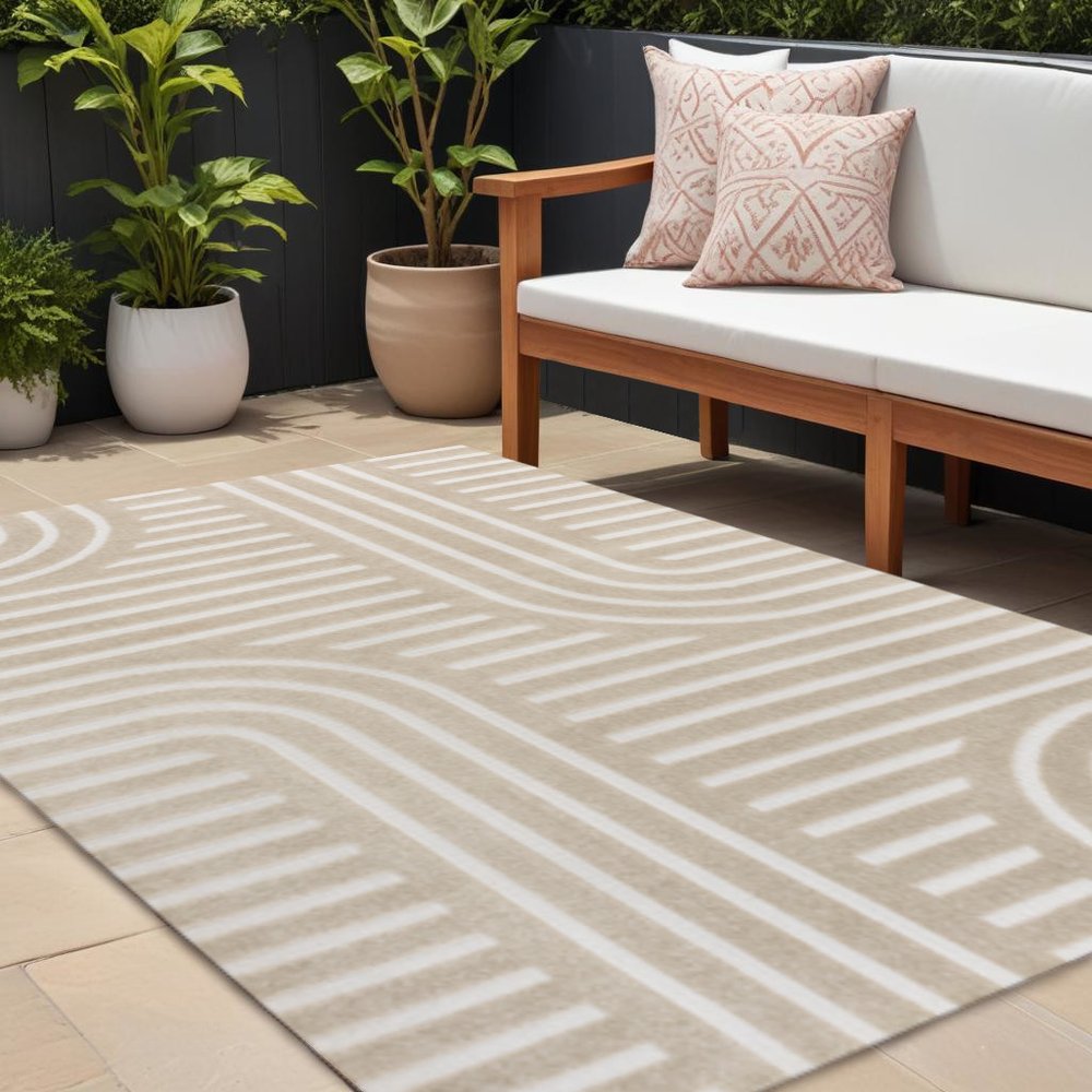 8' X 10' Beige And Cream Striped Indoor Outdoor Area Rug HomeRoots