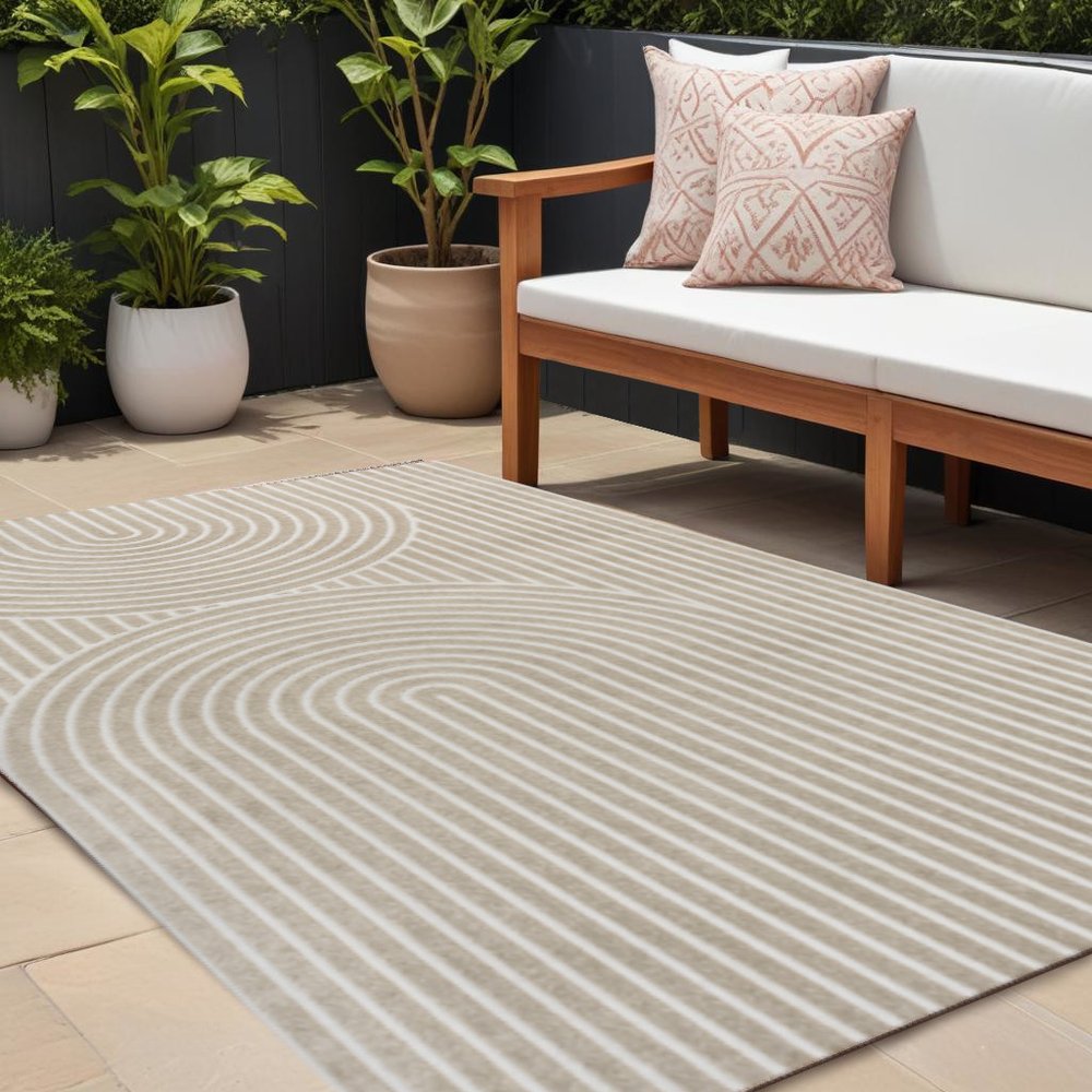 8' X 10' Beige And Cream Striped Indoor Outdoor Area Rug — view 6