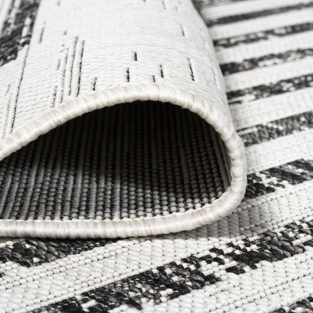 5' Ivory And Black Square Striped Indoor Outdoor Area Rug — view 6