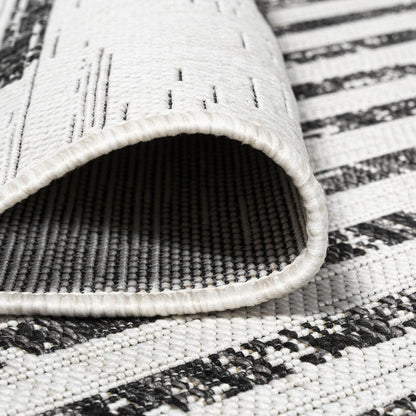 5' Ivory And Black Square Striped Indoor Outdoor Area Rug HomeRoots