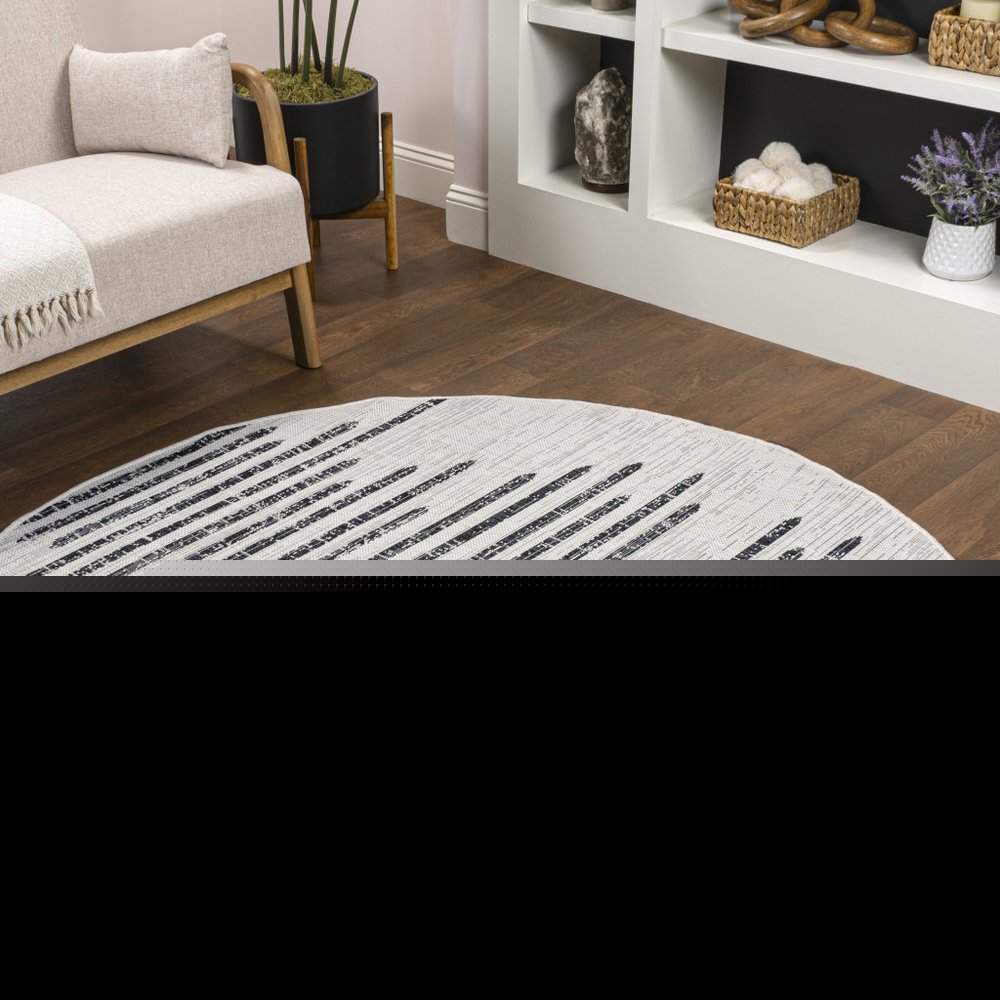 8' Ivory And Black Round Striped Indoor Outdoor Area Rug — view 3