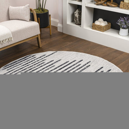 8' Ivory And Black Round Striped Indoor Outdoor Area Rug HomeRoots