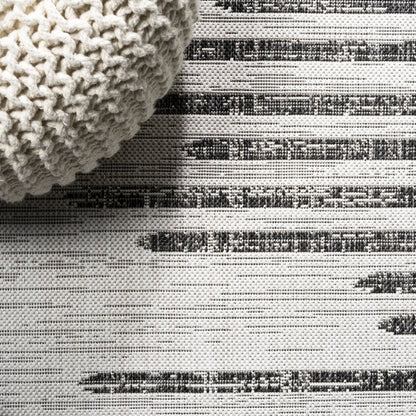 8' Ivory And Black Round Striped Indoor Outdoor Area Rug HomeRoots