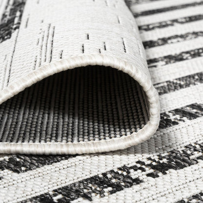 8' Ivory And Black Round Striped Indoor Outdoor Area Rug HomeRoots