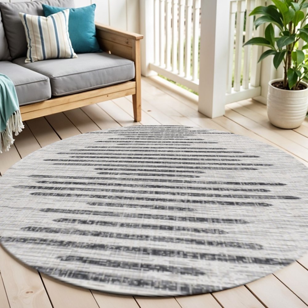 9' Ivory And Black Round Striped Indoor Outdoor Area Rug HomeRoots