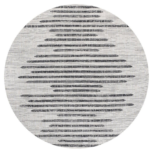 9' Ivory And Black Round Striped Indoor Outdoor Area Rug