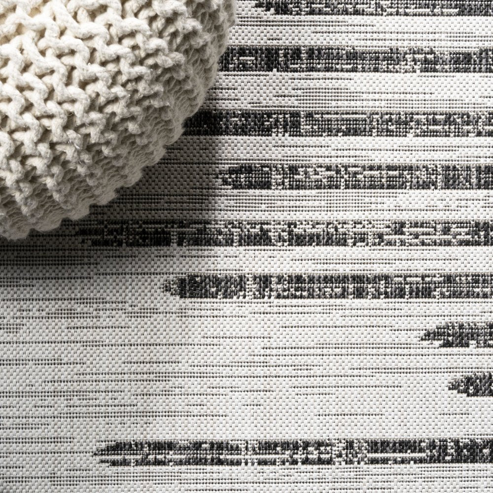 9' Ivory And Black Round Striped Indoor Outdoor Area Rug HomeRoots