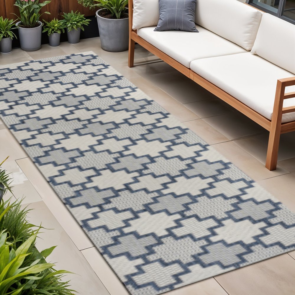 8' Navy Blue And Cream Trellis Indoor Outdoor Runner Rug — view 5