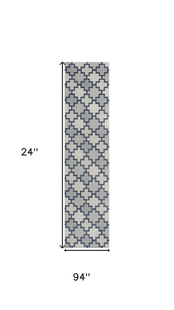 8' Navy Blue And Cream Trellis Indoor Outdoor Runner Rug — view 7