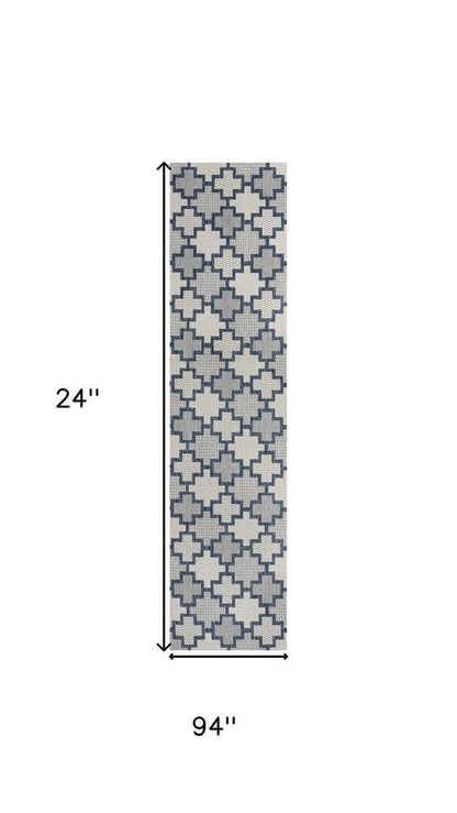 8' Navy Blue And Cream Trellis Indoor Outdoor Runner Rug HomeRoots