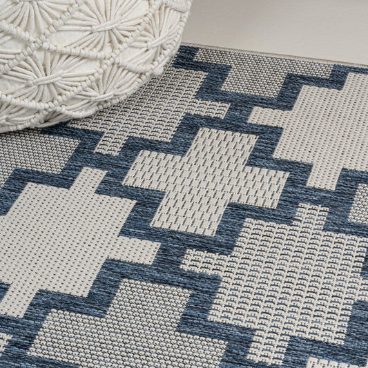 8' Navy Blue And Cream Trellis Indoor Outdoor Runner Rug