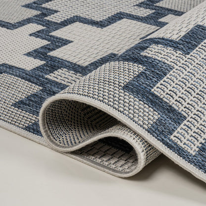 8' Navy Blue And Cream Trellis Indoor Outdoor Runner Rug HomeRoots