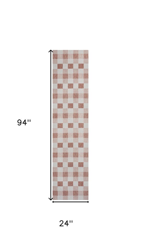 8' Salmon And Cream Geometric Indoor Outdoor Runner Rug HomeRoots