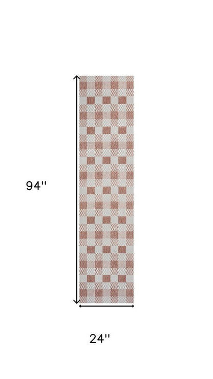 8' Salmon And Cream Geometric Indoor Outdoor Runner Rug HomeRoots
