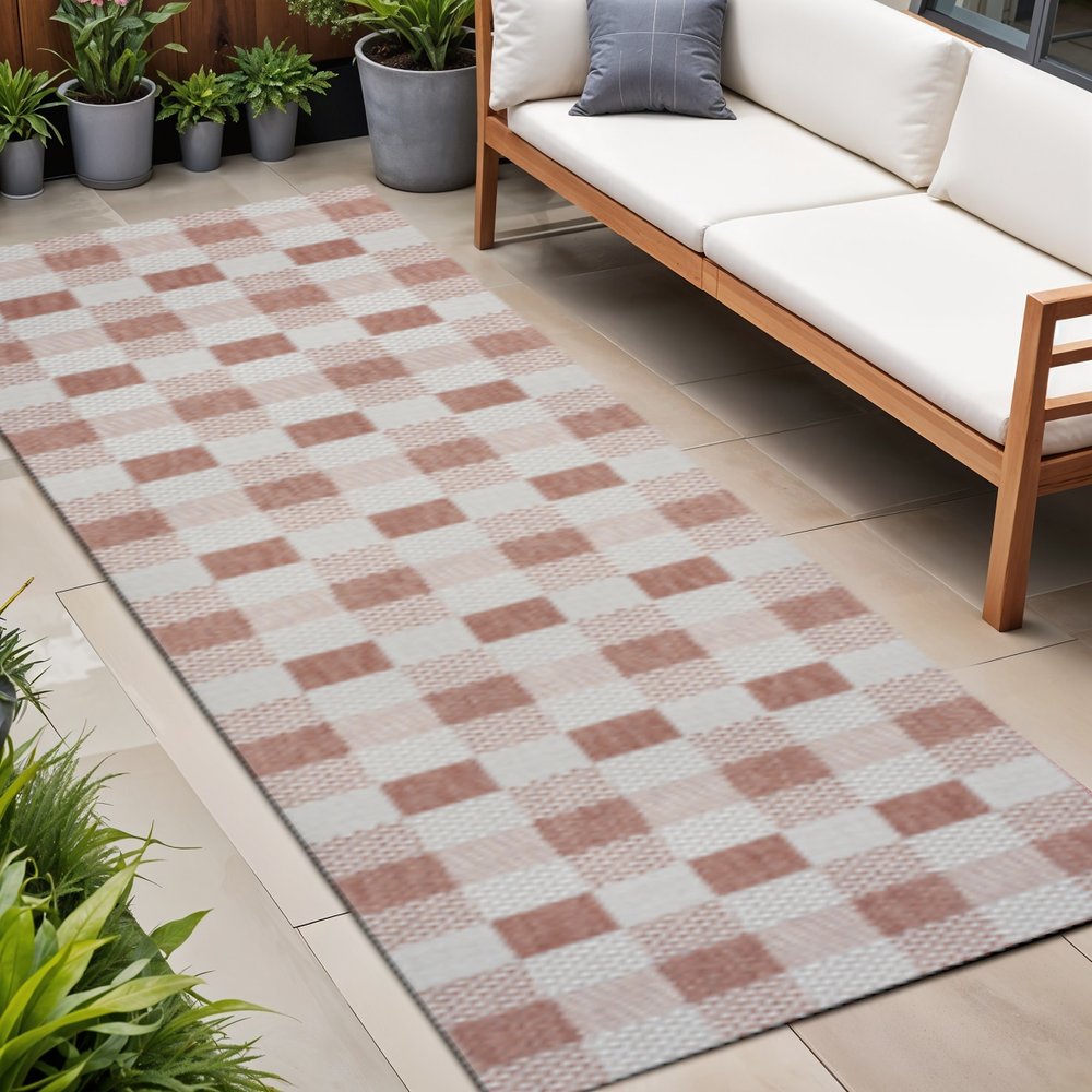 8' Salmon And Cream Geometric Indoor Outdoor Runner Rug — view 6