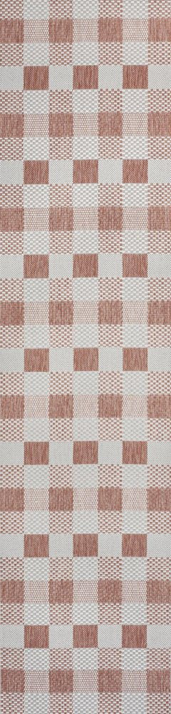 8' Salmon And Cream Geometric Indoor Outdoor Runner Rug HomeRoots