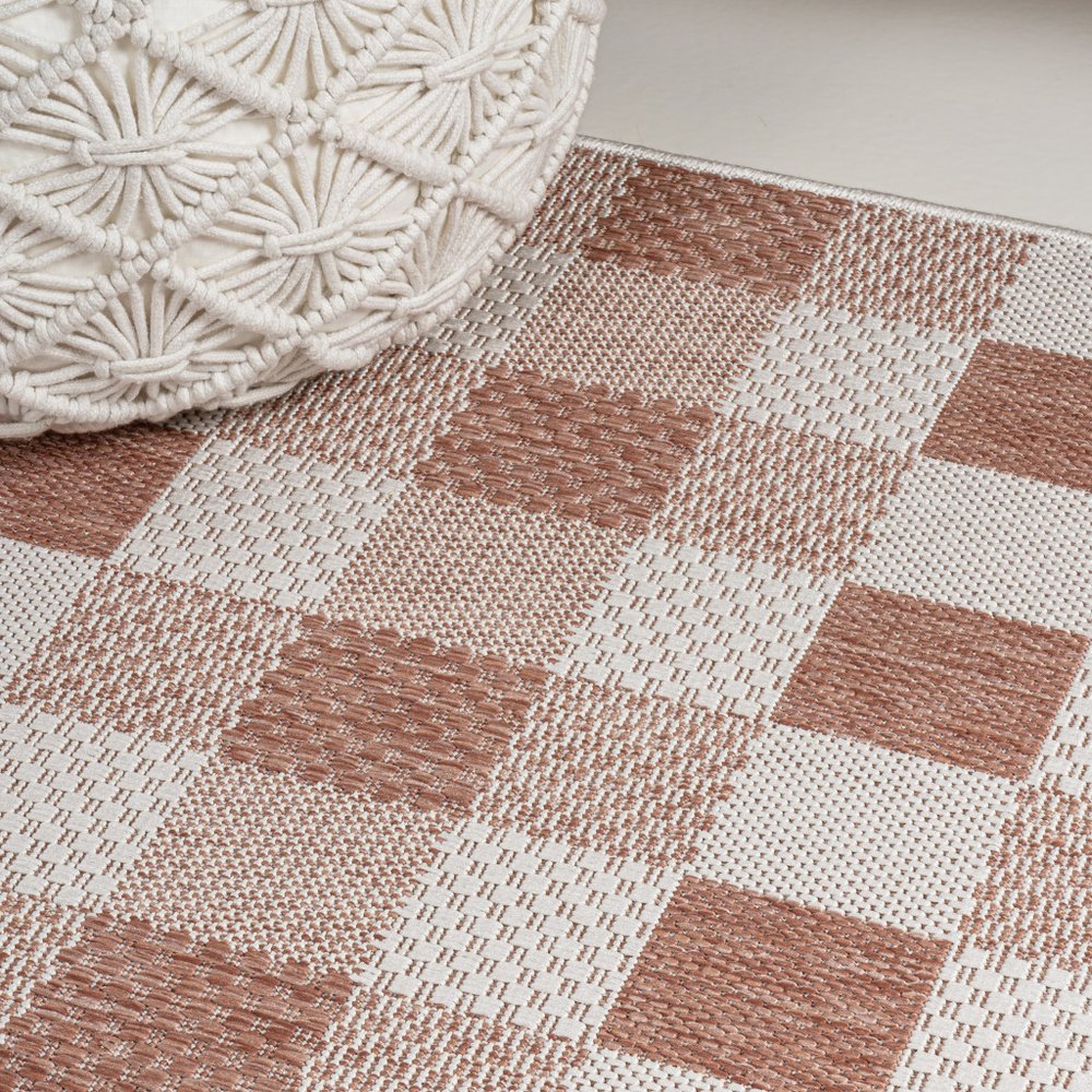8' Salmon And Cream Geometric Indoor Outdoor Runner Rug HomeRoots