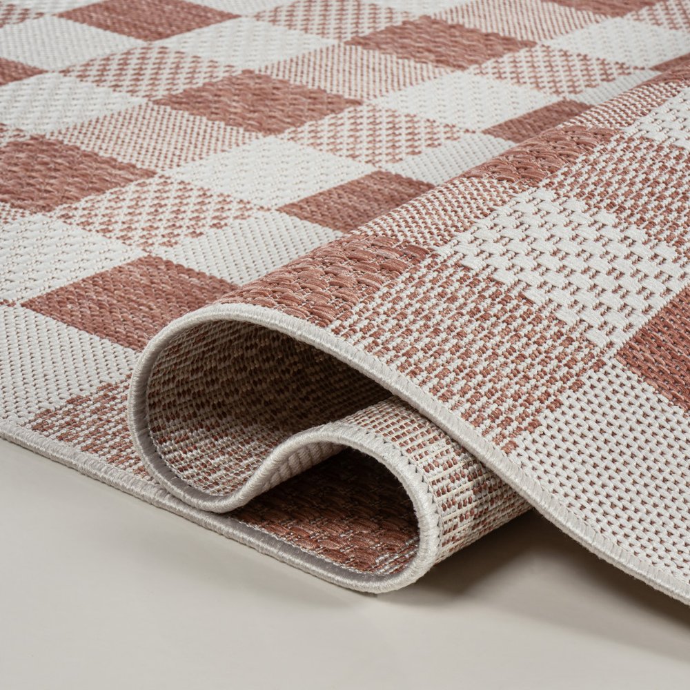 8' Salmon And Cream Geometric Indoor Outdoor Runner Rug HomeRoots