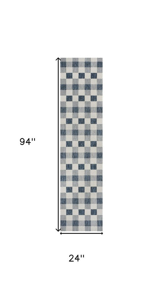 8' Navy Blue And Cream Geometric Indoor Outdoor Runner Rug — view 5