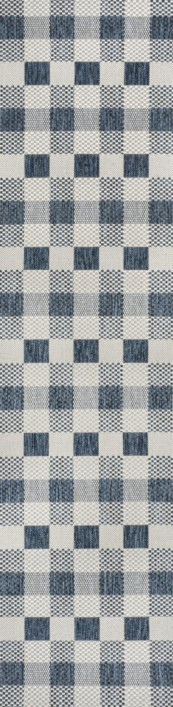 8' Navy Blue And Cream Geometric Indoor Outdoor Runner Rug