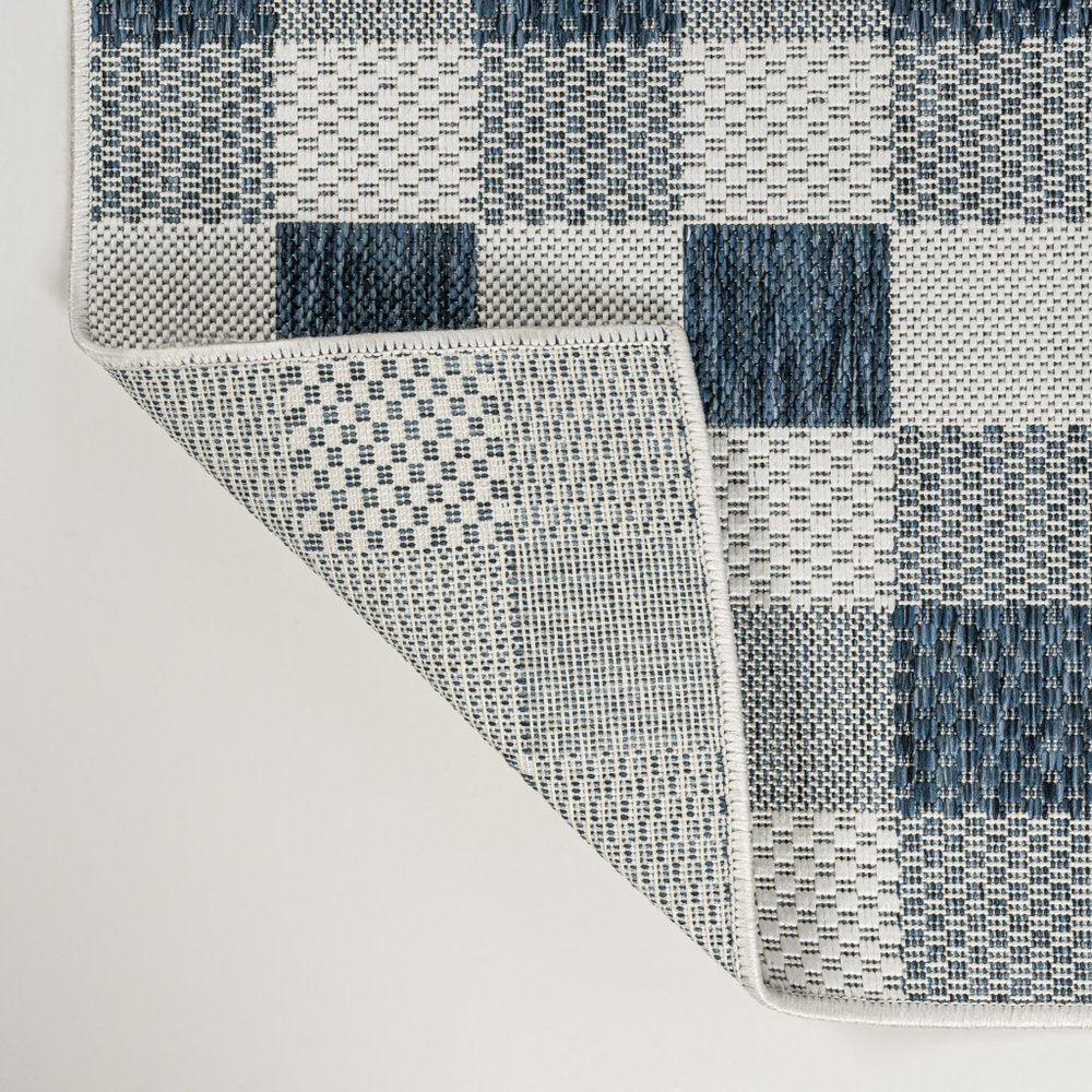 8' Navy Blue And Cream Geometric Indoor Outdoor Runner Rug HomeRoots
