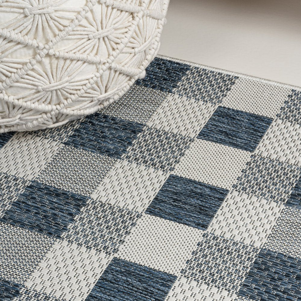 8' Navy Blue And Cream Geometric Indoor Outdoor Runner Rug HomeRoots