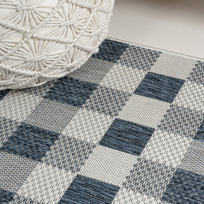 8' Navy Blue And Cream Geometric Indoor Outdoor Runner Rug HomeRoots