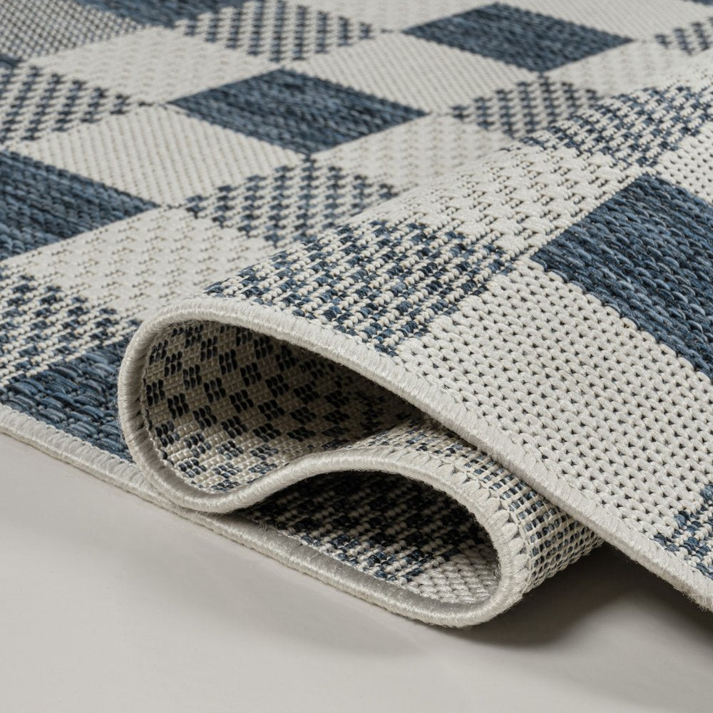 8' Navy Blue And Cream Geometric Indoor Outdoor Runner Rug — view 4