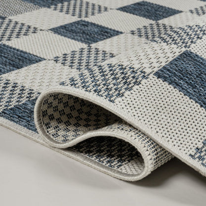 8' Navy Blue And Cream Geometric Indoor Outdoor Runner Rug HomeRoots