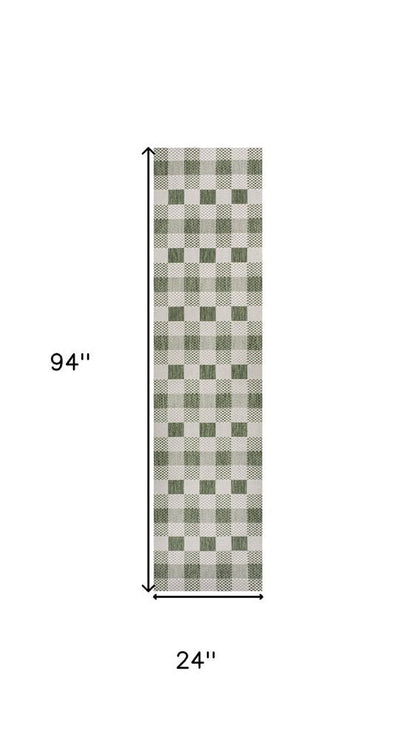 8' Green And Cream Geometric Indoor Outdoor Runner Rug HomeRoots