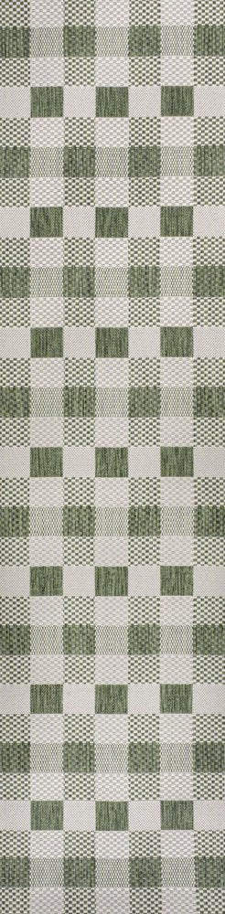 8' Green And Cream Geometric Indoor Outdoor Runner Rug