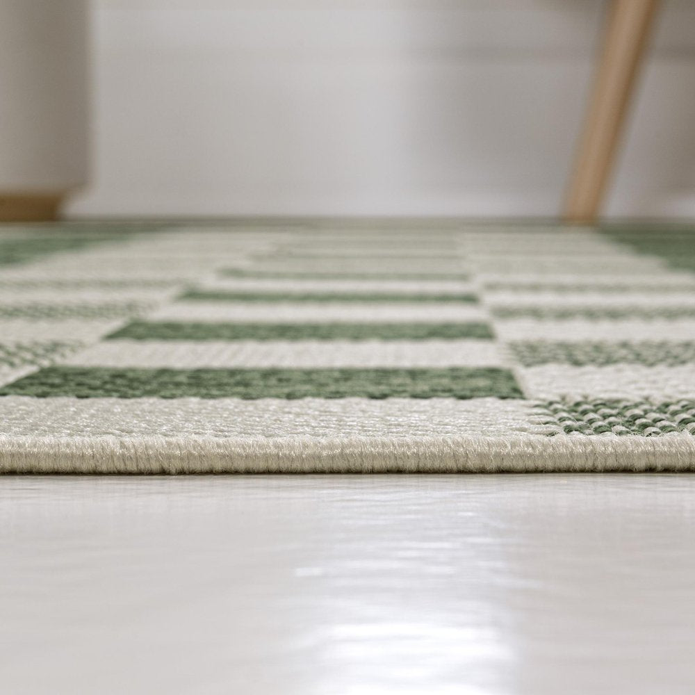 8' Green And Cream Geometric Indoor Outdoor Runner Rug — view 3