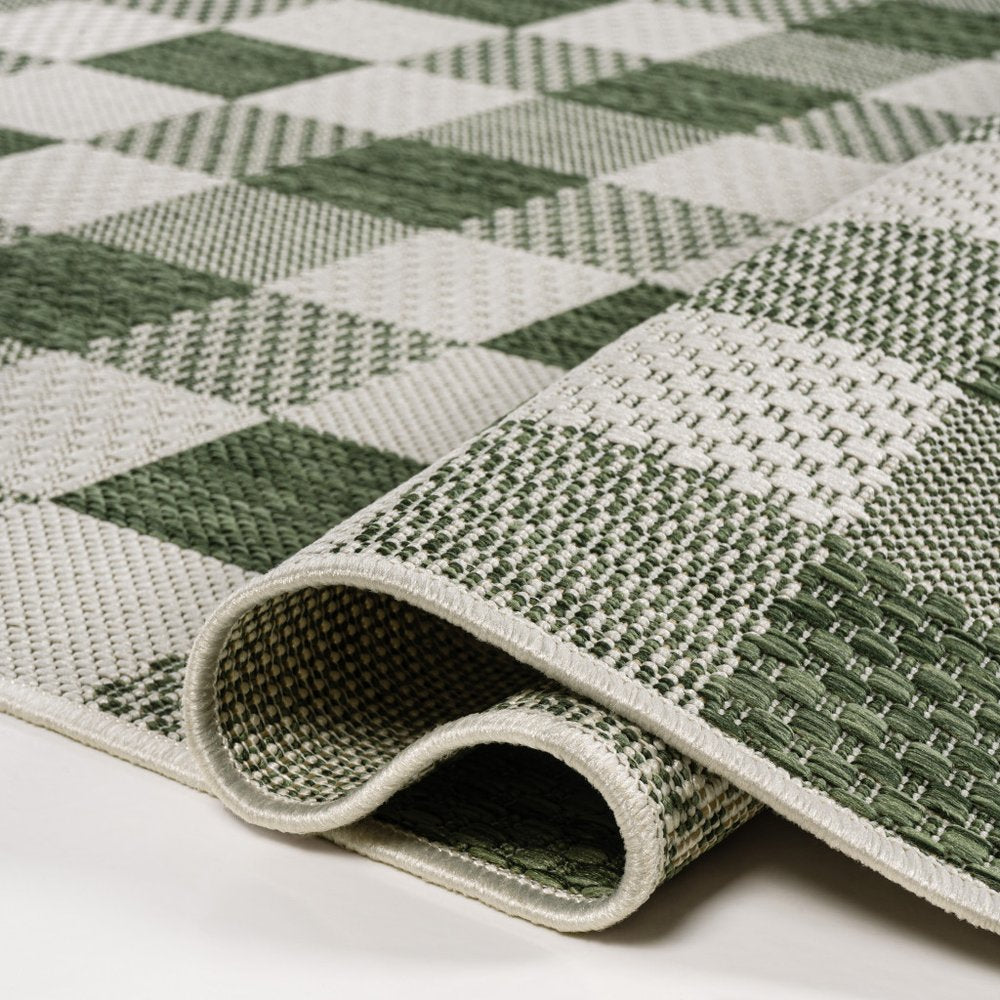 8' Green And Cream Geometric Indoor Outdoor Runner Rug — view 6